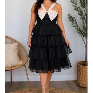 NEW Lulus Black Glamour Organza Tiered Cream Oversized Bow Midi Cocktail Dress